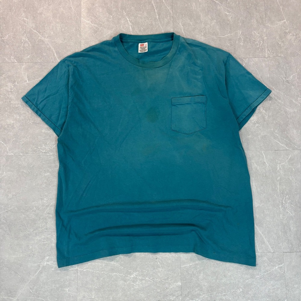 Vintage Hanes Pocket T-Shirt Men XL Teal Blue 100% Cotton Short Sleeve Crew Neck